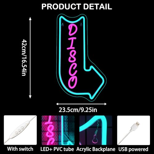 Image of Looklight Disco Neon Signs for Wall Decor Pink Blue LED Word Light Sign Right-Pointing Arrow Neon Light USB Light Up Letters Sign for Disco Lover Music Bar Music Studio Rec Room Bedroom Party Decor