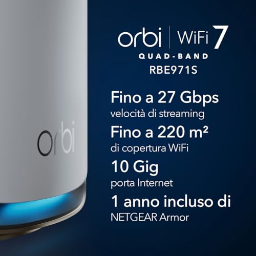 Orbi WiFi 7 Quad-band (RBE971S), WiFi Mesh Router, Copertura fino a 220 m2, 200 dispositivi, Porta Internet 10 Gig, BE27000 802.11be (fino a 27 Gbps) - Powerline - Immagine 1
