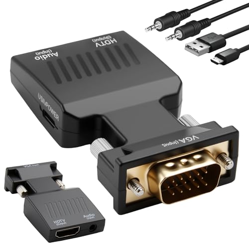 Solryn Adaptador VGA a HDMI con Audio, 1080P 60Hz Conversor para PC Antigua a TV/Monitor, Convertidor VGA Macho a HDMI Hembra con Cable de Audio 3,5mm y Cable de Alimentación, No Bidireccional