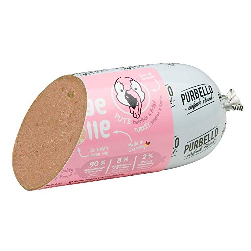 PURBELLO Hunde-Rolle Pute mit Brokkoli & Kartoffeln - Monoprotein Hundefutter mit hohem Fleischanteil - Nassfutter für Hunde - Hundewurst schnittfest & getreidefrei - 8 x 200 g