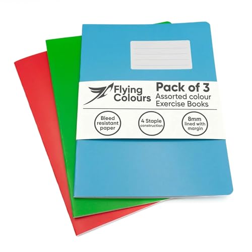 Flying Colours A4 Exercise Books 8mm Lined Pages 3 Assorted Colour Exercise Books A4 Lined in Red Green & Blue Writing Book pack for Home or School Revision Notebooks Journaling & Office Notes