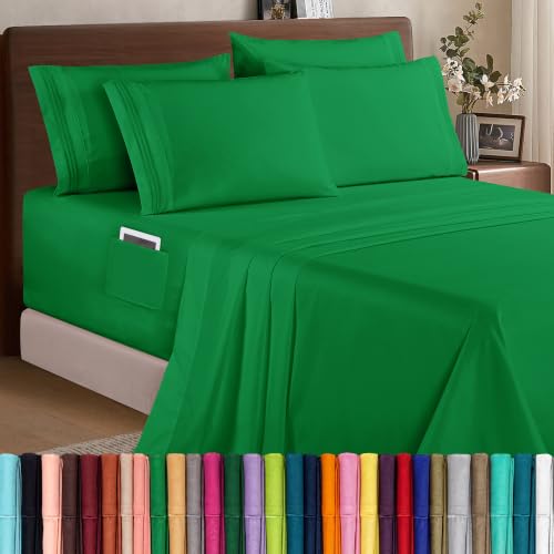 Elegant Comfort 1500 Premium Quality 6-Piece Bed Sheet Set - 18-24 Inch Extra Deep Pocket, Smart Storage Pockets, Wrinkle Free Ultra Soft 6PC Extra Deep Pocket Sheets, Full, Emerald Green