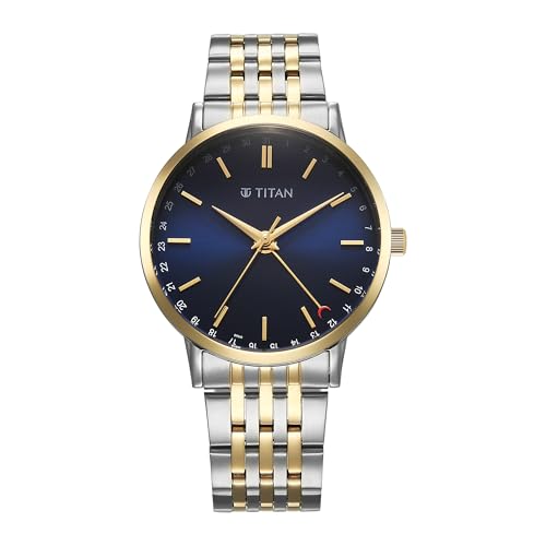 Image of Titan Elegance Analog with Date by Hand and Blue Dial Stainless Steel Dual Tone Strap Watch for Men - 90202BM01