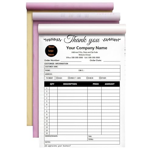 Custom Invoice Book in 3-Part /2-Part Receipt Book with Carbon Copies Personalized Carbonless Service Invoice Form Books Sales Order Book with Company Name Logo Address,C3-Thank You Receipt