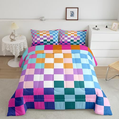 Image of Feelyou Multicolored Checkered Retro Bedding Set Kids Boys Girls Geometric Vintage Comforter Set King Size Rainbow Colorful Duvet Insert Modern Simple Groovy Aesthetic Room Decor