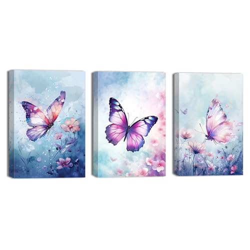 ZQQART 3 teiliges Wandbild auf Leinwand mit Schmetterlingen bunter Schmetterling fliegende Bilddrucke Mädchenzimmer Kinderzimmer Wanddekoration gerahmt(Schmetterling 1,30x40cmx3 Pieces)