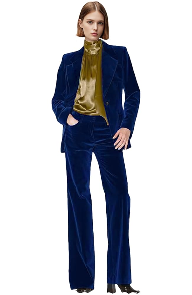 Botong Women's Royal Blue Velvet Formal Suit Set Peak Lapel Office Work Outfit Professional Business Suit M