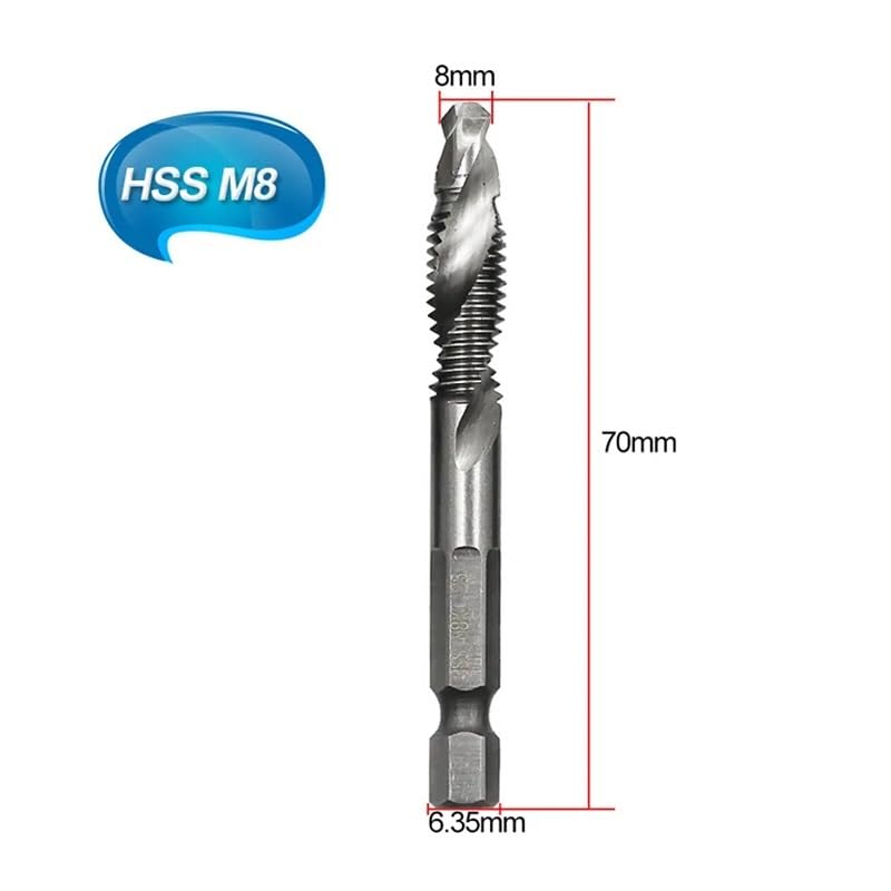 1pc M8 70mm Metric Screw Taps Drill Bits HSS 1/4'' Hex Shank Thread Tap Spiral Screw Drill Bit Woodworking Tools DIOBFZFY