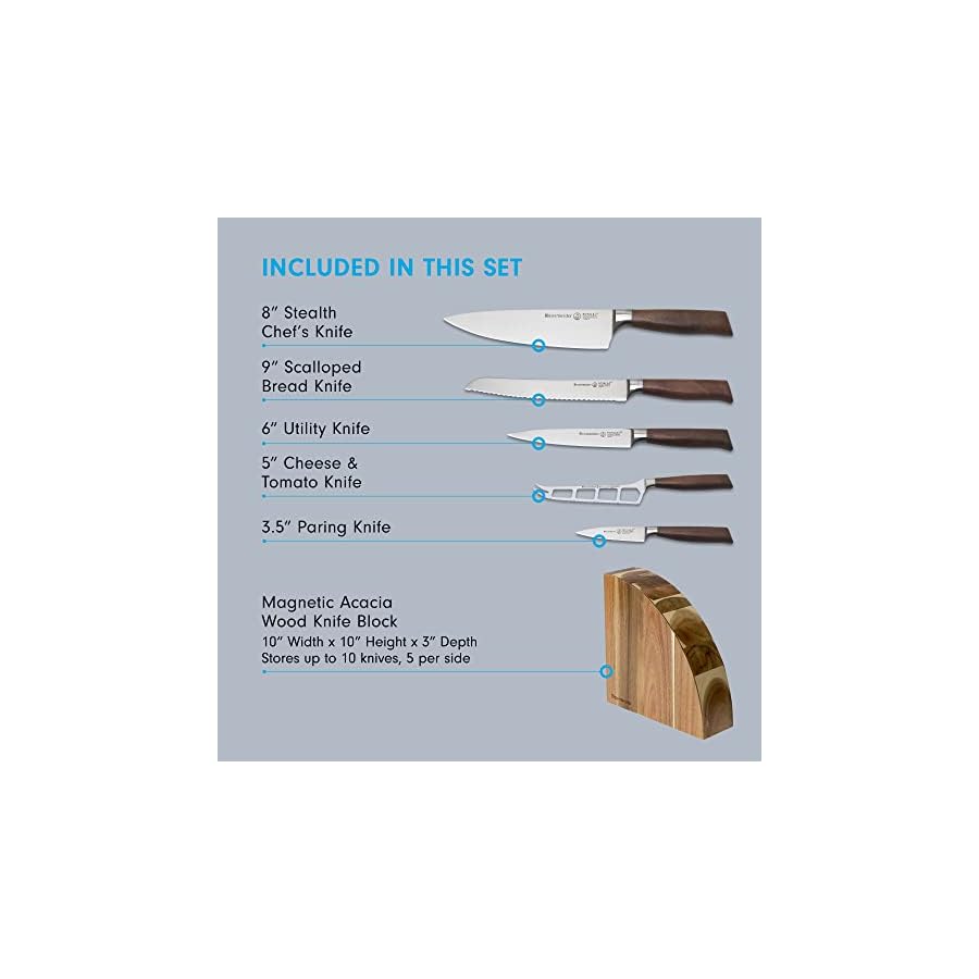 Messermeister-Royale-Elite-6-Piece-Magnet-Block-Set-Includes-8-Stealth-Chefs-Knife-9-Scalloped-Bread-Knife-6-Utility-Knife-5-Cheese-Tomato-Knife-35-Paring-Knife-Knife-Block Messermeister Royale Elite 6-Piece Magnet Block Set - Includes 8" Stealth Chef's Knife, 9" Scalloped Bread Knife, 6" Utility Knife, 5” Cheese & Tomato Knife, 3.5" Paring Knife & Knife Block