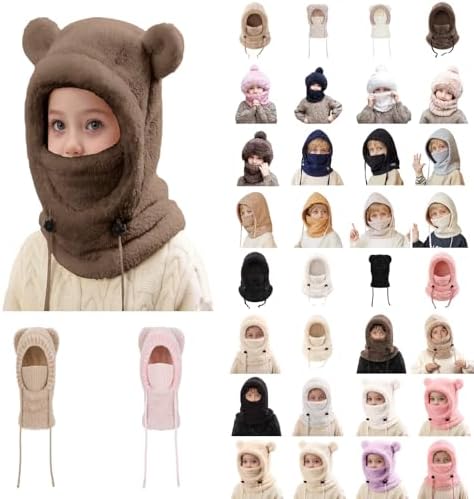 Kids 4 in 1 Winter Beanie Hat with Scarf Mask Earflap Thick Plush-Lined Knitted Hat Warm Windproof Soft Ribbed Ski Snow Cap