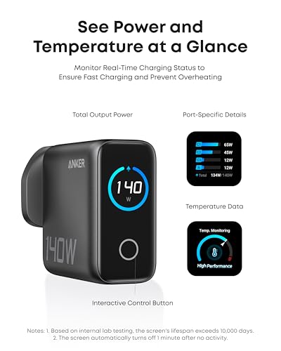 140W USB C Charger, Anker Laptop Charger, 4-Port Multi-Device Fast Charging, Advanced GaN Power Adapter, Intuitive Touch Controls, Compatible with MacBook, iPhone 17 Series, Samsung, Pixel, and More - Image 5