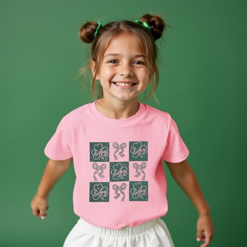 Image of GLIGLITTR Kids St Patricks Day Shirt Girls Bow Shamrock Clover Lucky Graphic T-Shirt Irish Short Sleeve Tee Tops 7-12 Years