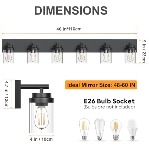 Image of IZORRO Bathroom Vanity Light Fixture, 6-Light 46 Inch Matte Black Bathroom Light Fixtures Over Mirror, with Clear Glass Shade, Modern Farmhouse Vanity Lights, Rustic Restroom Lighting Fixtures
