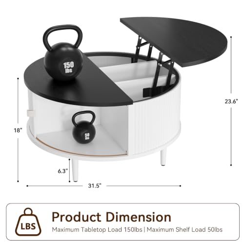 Image of Round Lift Top Coffee Table, 31.5 Inch Farmhouse Center Table with Hidden Storage & Sliding Door, Fluted White Drum Table for Living Room