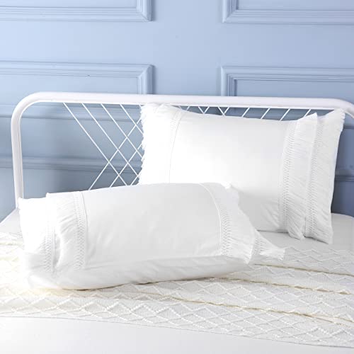 K Masaniji 2Pack White Boho Tassel Pillow Sham Covers Queen Size, Soft Breathable Cotton Fringe Pillowcases Farmhouse Bed Pillow Covers Envelope Closure (White, 20X30 Inches) #TOP2