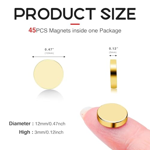 Image of 45P Small Magnets, 12x3mm Golden Round Rare Earth Magnet | Tiny Strong Disc Magnets Neodymium for Crafts, DIY, Fridge Whiteboard, Office