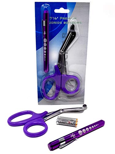 Purple Reusable LED Penlight with Batteries + Paramedic Utility Trauma EMT Bandage Shears Scissors 7.5