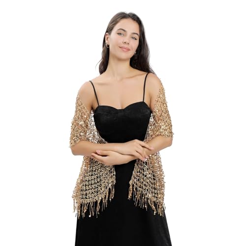 Women's Long Sequin Shawls 1920s Scarf Mesh Glittering Wedding Cape Fringed Evening Wrap Formal Harlem Night2