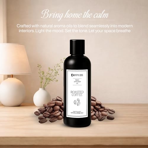 Image of DIFFUZE Roasted Coffee Essential Oil Reed Diffuser Refill with 10 Fibre Reed Sticks | Coffee Aroma Oil & Fragrance Oil | Diffuser Oil for Home Fragrance