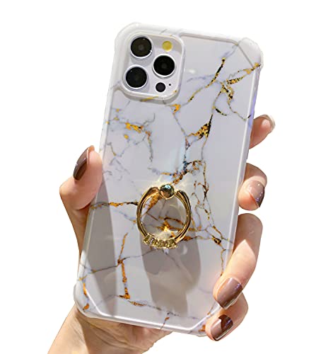 Anynve Compatible with iPhone 12 Pro Max Marble Case Cute for Women Girls with 360 Degree Rotating Ring Kickstand, Shockproof Hard Back + Soft TPU Bumper Slim Case 6.7 inch-White