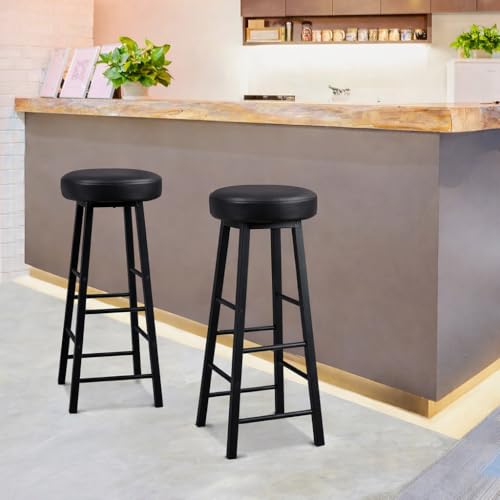 Image of 54170 Breakfast Stool /Kitchen Counter Bar Stool with Black Cushioned seat and Black Metal /High Stool for Cafe, Home and Office