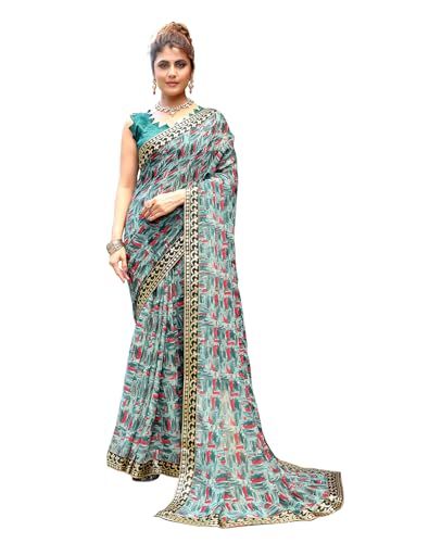 Image of Yashika Women's Georgette Saree with Lace Border |Solid Digital Printed Saree for Women