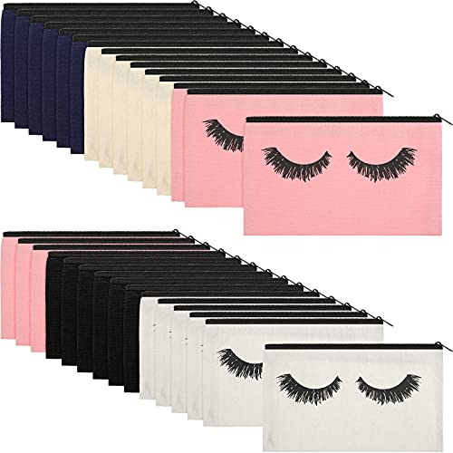 Weewooday 30 Pieces Eyelash Makeup Bags Canvas Makeup Bags Eyelash Cosmetic Bags Travel Make up Pouches with Zipper for Women, 5 Colors (7.1 x 4.3 Inch)