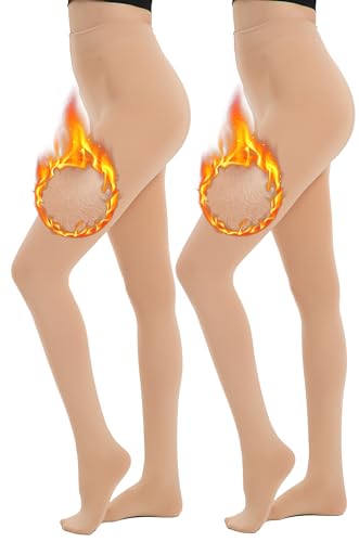 Hiltzo Medias Termicas Mujer Forro Elástico Mallas Térmicas Pantymedias Termicos de Tnvierno Cálidas,2 pares color piel,L-XL
