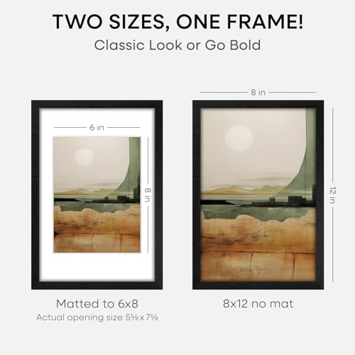Image of Homeforia 8x12 Black Picture Frame, High End Oak 8 x 12 Wood Frames with Mat 6 by 8 Print, 8by12 Wooden Frame Matted to 6x8 inch Photo, 12x8 Wall or Tabletop Frames, Tempered Glass, Wall Kit, Set of 1