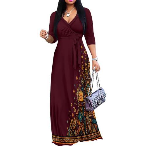 Image of Plus Size Maxi Dress for Women V Neck 3 /4 Sleeve Wrap Dress Wine XL | Wine Floral Women's Maxi Dress