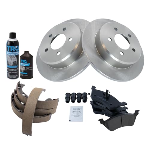 Image of TRQ Rear Brake Pad & Rotor Kit, with Chemical Kit Parking Brake Shoe Set Ceramic Compatible with 2001-2007 Chrysler Town & Country Dodge Caravan Grand Caravan