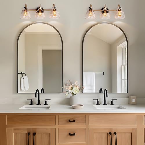 Image of KSANA Black Gold Bathroom Light Fixtures, 3 Light Modern Vanity Lights with Textured Glass Mid-Century Bathroom Vanity Lighting for Bedroom, Kitchen, Powder Room, Black & Electroplated Brass Finish