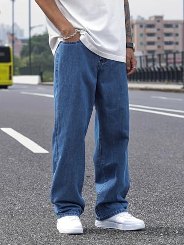 Image of THIRD QUADRANT Men's Relaxed Fit Non-Stretch Blue Denim Jeans | Classic Straight Leg | Everyday Jeans