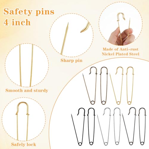100 Pcs Jumbo Safety Pins 4 Inch, Extra Large Safety Pins Heavy Duty for Blankets, Kilts, Leather & Crafts, Assorted Colors Kilt Pin Set (Silver, Gray, Bronze, Gold, Black) - Thumbnail 3