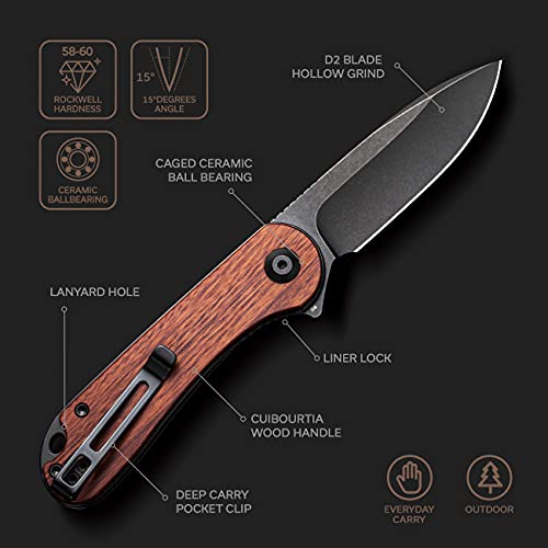 Civivi Elementum Pocket Knife, Folding Knife For Edc With 2.96" D2 Black Stonewashed Blade Cuibourtia Wood Handle, Flipper Knife With Clip For Men C907U #TOP1