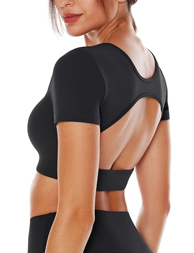 Open Back Workout Crop Tops for Women Backless Yoga Shirts Gym Short Sleeve Mild Support Compression Tee with Bra3