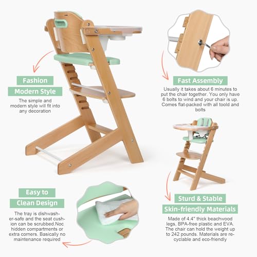 Image of Cowiewie Wooden High Chair for Babies & Toddlers,Convertible Baby Highchair, 8-Level Adjustable Seat & Footrest, Solid Beech Wood, Removable 3-Layer Tray, EVA Cushions, 5-Point Harness, Green