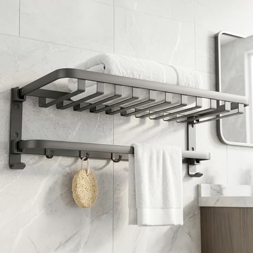 Image of iBELL 59 cm (23.2-Inch) Stainless Steel Folding Bathroom Towel Holder | Towel Rack for BathroomTowel Stand with Shelf - Matt Black | Corrosion Resistant, Anti-Peel and Scratch Resistant |