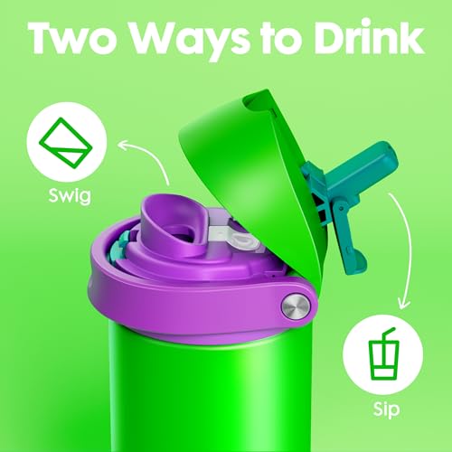 Image of 18 oz Kids Water Bottle for School: Meoky 18 oz Stainless Steel Insulated Water Bottle with 2-in-1 Straw and Spout Lid - Leak Proof, Cold for 24 Hours, BPA-Free for Teens Boys Girls, Power Green