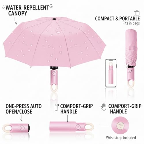 Image of Owme UV Umbrella for Women, Mini Folding Portable 3-Fold Umbrellas | Auto Open & Close for Rain and Sun Protection, Anti-Slip Handle | Windproof Umbrlla for Bedroom, Living Room,Entryway -