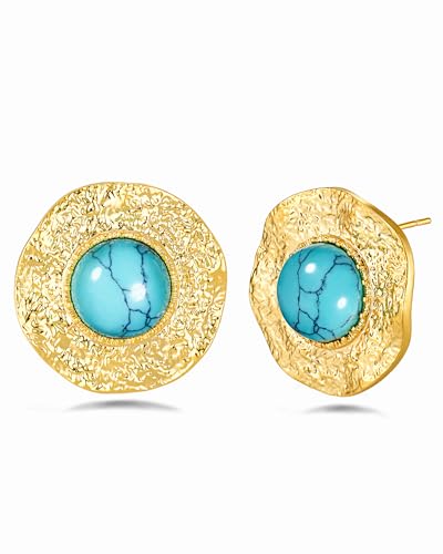 Gold Turquoise Round Button Hammered Daisy Sunflower Floral Chunky Statement Earrings for Women by SNGIA, Bold Handmade Exaggerated Dome Retro Rounded Trendy Flower Bohemian Natural Stone Stud Jewelry Gifts, Unique Vintage Baroque Teal Gemstone Spring Summer Beach Fashion Earrings Accessories, Thick Circular Nickle Free Huggies Earrings.