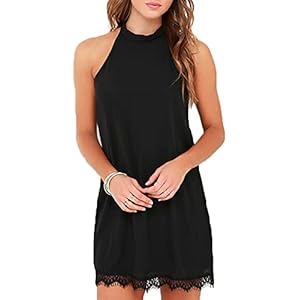 Fantaist Women's Sleeveless Halter Neck Patchwork Lace Mini Casual Shift Dress