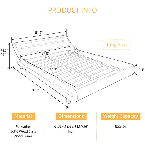 Image of SHA CERLIN King Size Bed Frame with Modern Upholstered LED Headboard, Grey