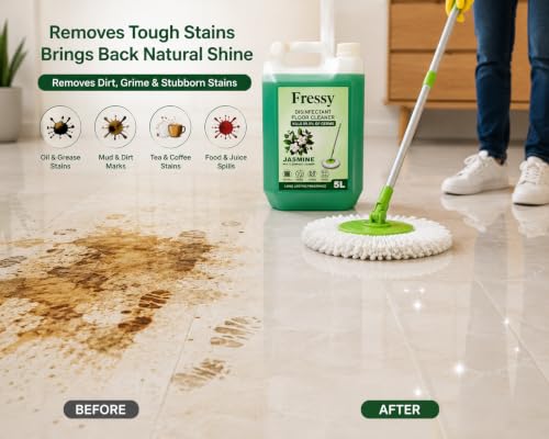 Image of FRESSY Disinfectant Floor Cleaner Liquid 5L - Jasmine Bloom Multi-Surface Cleaner for Bathroom, Tiles, Marble, Granite & Mosaic | Kills 99.9% Germs | Long Lasting Fragrance