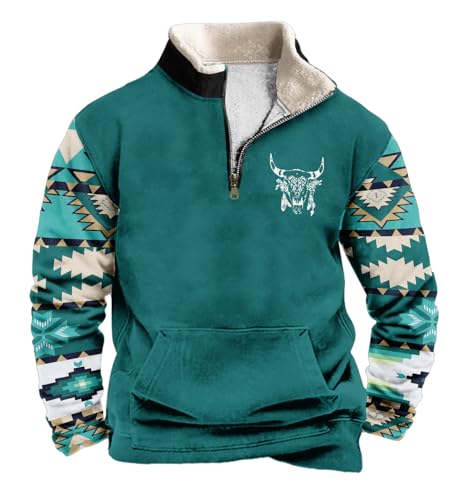 Men's Western Sweatshirts Vintage Aztec Cowboy Graphic Sweatshirts American Flag Long Sleeve 1/4 Zipper Pullover Sweater