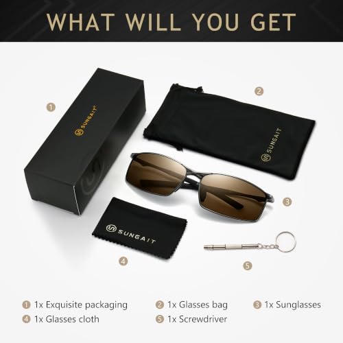 Image of SUNGAIT Ultra-Lightweight Polarized Sunglasses Men for Driving Fishing Golf, Rectangular Metal Frame with Spring Hinge