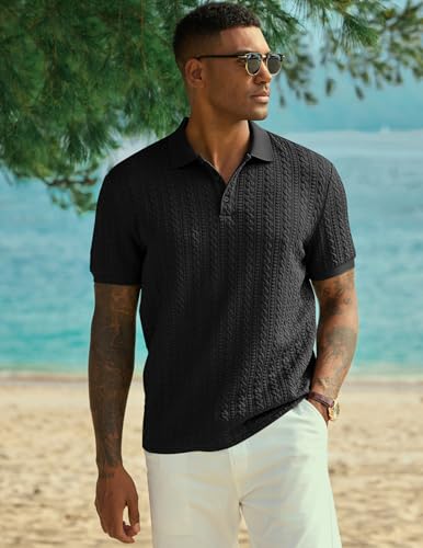 Image of JMIERR Men's Casual Polo Shirt Knitted Textured Short Sleeve Stretch Golf Shirt Summer Vacation Beach Collared Shirts