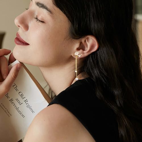 Clip on Earrings Dangle Pearl Drop Clip Earrings for Women Trendy Dangle Chain Dainty Flower Wedding Earrings for Brides 14K Gold Plated Statement Non Pierced Earrings for Women Sparkly Jewelry4