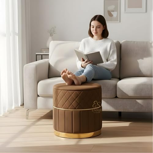 Image of ENIQE STORE Set of 2 Round Velvet Ottoman Footstool Gold Base - Tufted Upholstered Pouffe Stool for Living Room, Bedroom & Dressing Area (Brown)