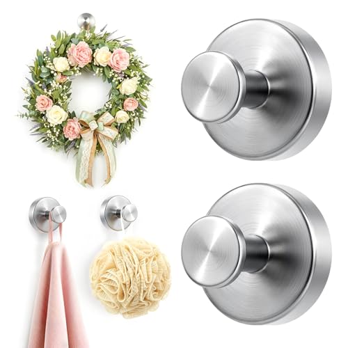 Upgraded Suction Cup Hooks for Shower, Heavy Duty Removable Towel Hooks for Bathroom Glass Door Wall, Stainless Steel Shower Hooks for Towel & Loofah (2 Pack, Silver)